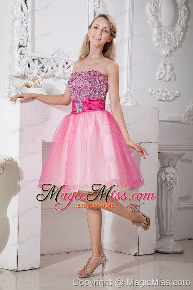 wholesale pink a-line strapless knee-length taffeta and organza beading prom dress