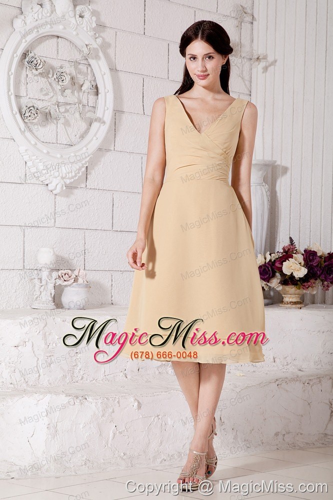 wholesale champagne a-line / pricess v-neck prom dress tea-length chiffon ruch