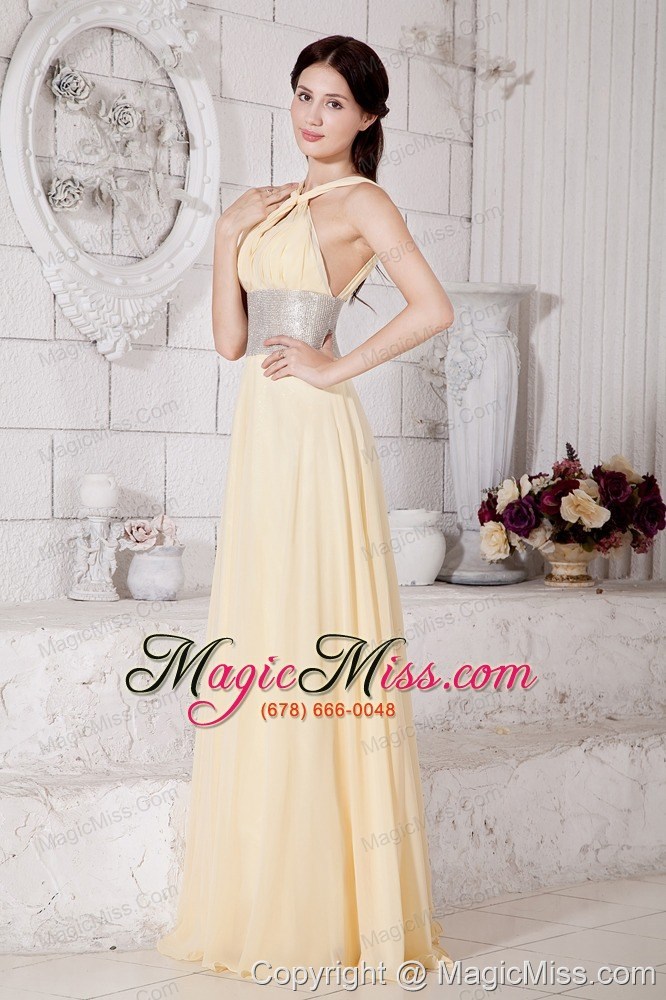 wholesale light yellow straps chiffon prom / evening dress with silver belt