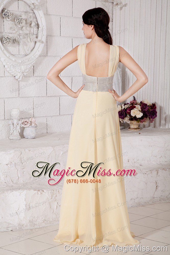 wholesale light yellow straps chiffon prom / evening dress with silver belt