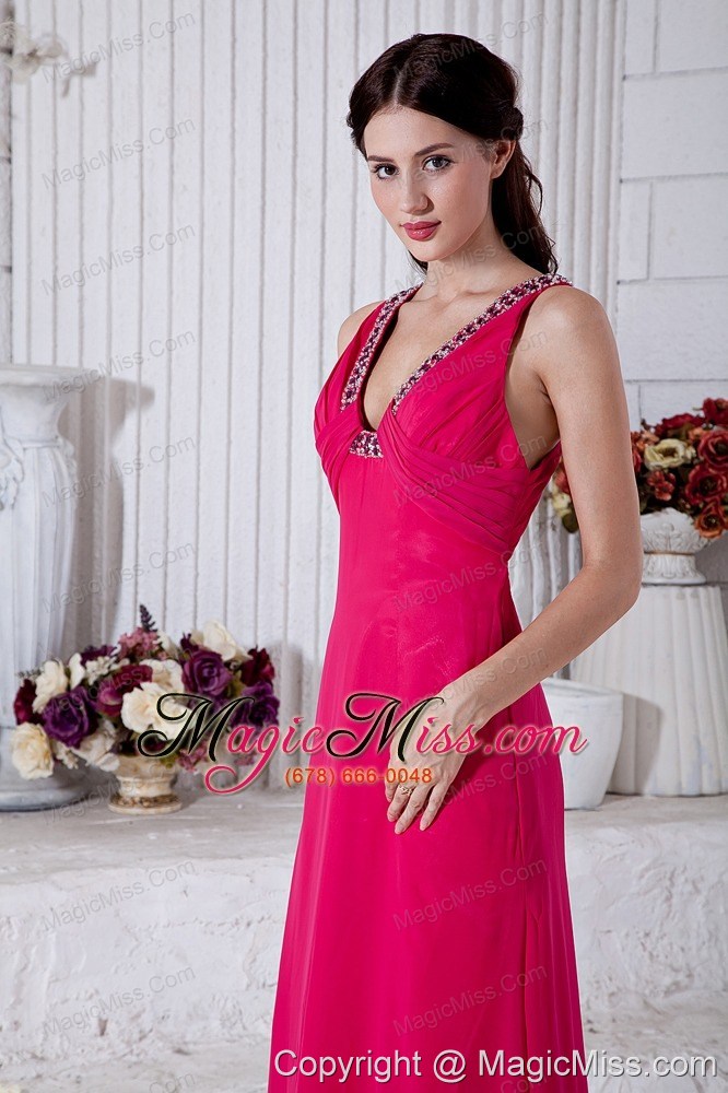 wholesale hot pink empire prom / evening dress v-neck brush train chiffon beading