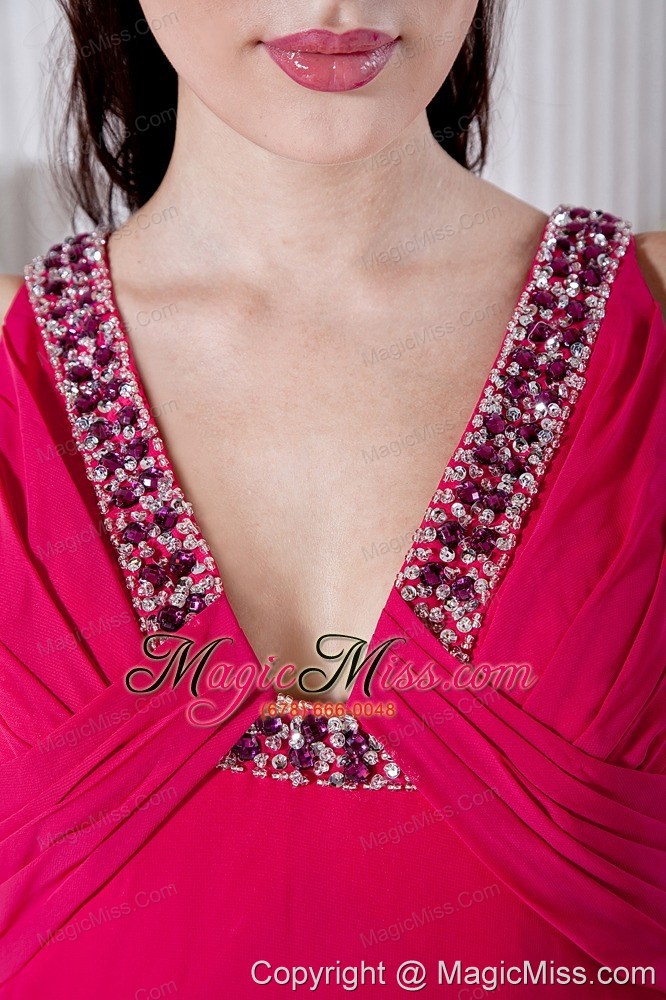 wholesale hot pink empire prom / evening dress v-neck brush train chiffon beading