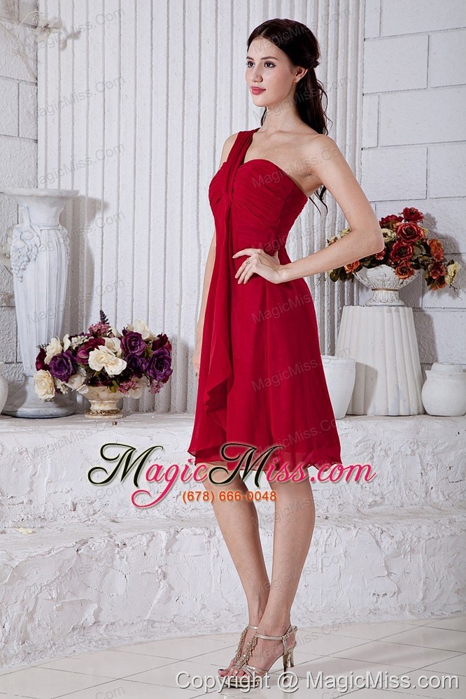 wholesale wine red empire one shoulder prom dress mini-length chiffon ruch