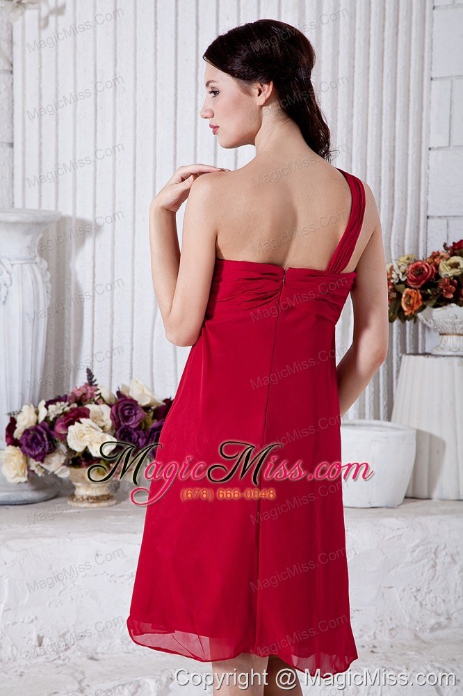 wholesale wine red empire one shoulder prom dress mini-length chiffon ruch