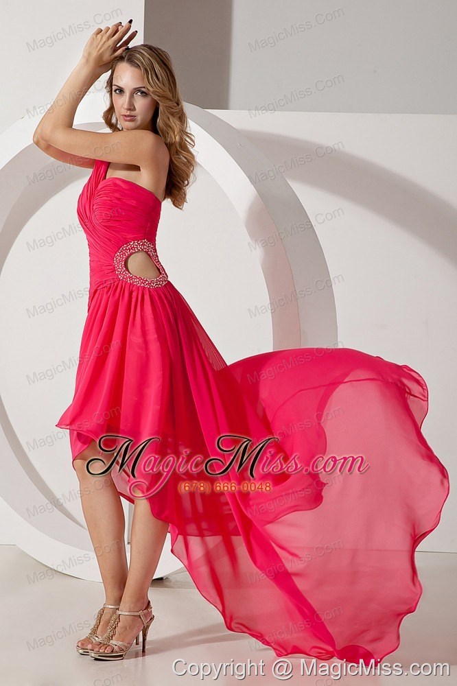 wholesale red column one shoulder high-low chiffon beading prom dress