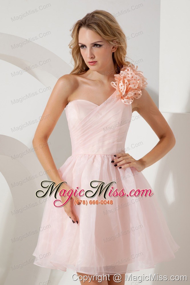 wholesale baby pink a-line / pricess one shoulder mini-length organza hand made flowers prom / homecoming dress