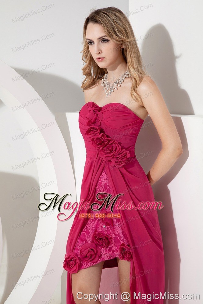 wholesale hot pink sweetheart high-low prom dress chiffon and lace hand made flowers and embroidery