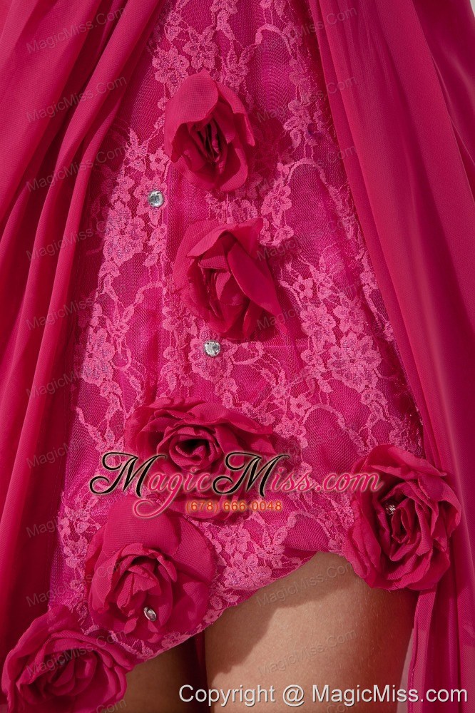 wholesale hot pink sweetheart high-low prom dress chiffon and lace hand made flowers and embroidery