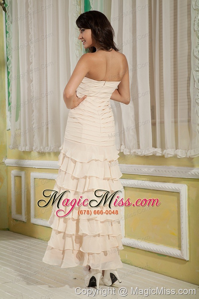 wholesale champagne empire strapless ankle-length chiffon hand made flower and ruffles prom dress