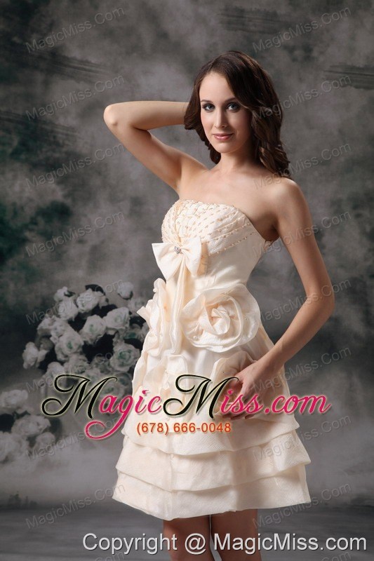 wholesale champagne a-line strapless mini-length organza hand made flowers prom / homecoming dress