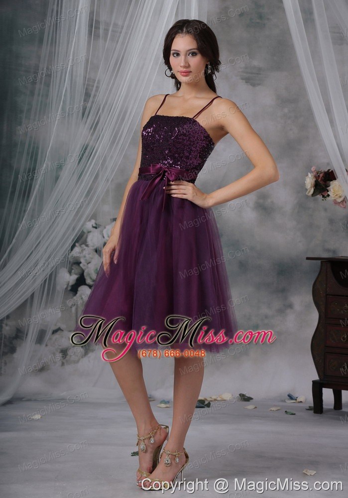 wholesale purple a-line / princess spaghetti straps knee-length tulle paillette prom dress
