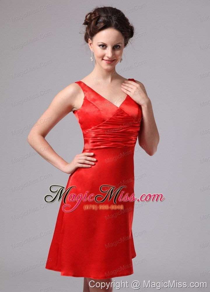 wholesale red ruch v-neck satin knee-length bridesmaid dress for custom made in augusta georgia