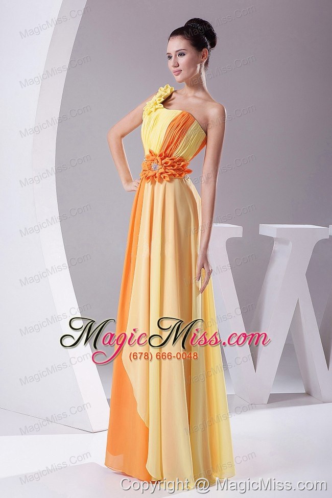 wholesale hand made flowers with beading and ruching decorate bodice orange and yellow chiffon prom dress floor-length