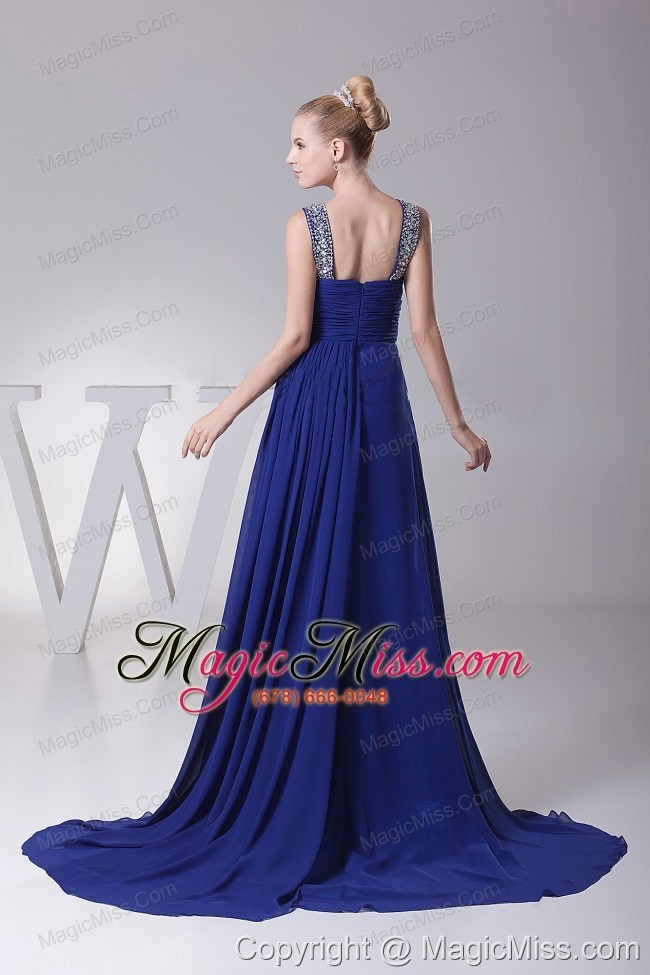 wholesale beaded decorate v-neck and ruch for blue prom dress with brush trian