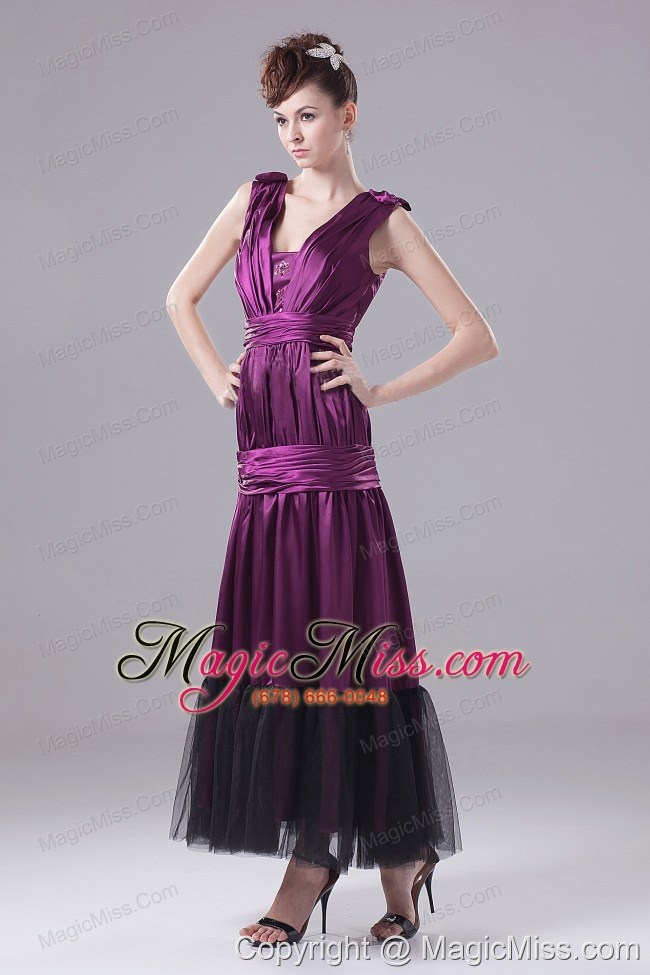 wholesale eggplant purple prom dress with ruch and ankle-length