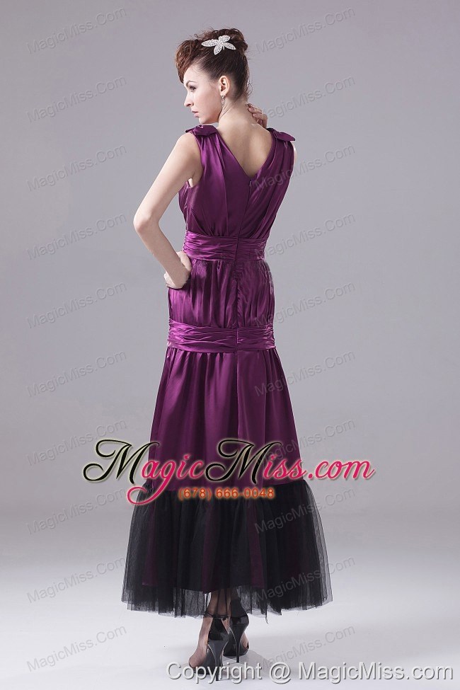 wholesale eggplant purple prom dress with ruch and ankle-length