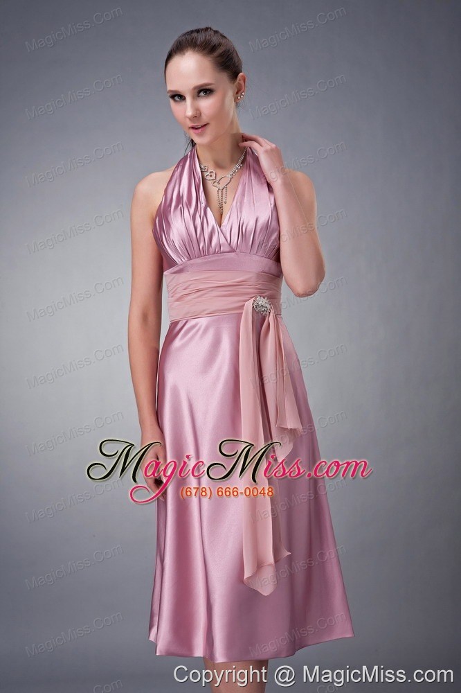 wholesale lavender empire halter tea-length satin beading bridesmaid dress