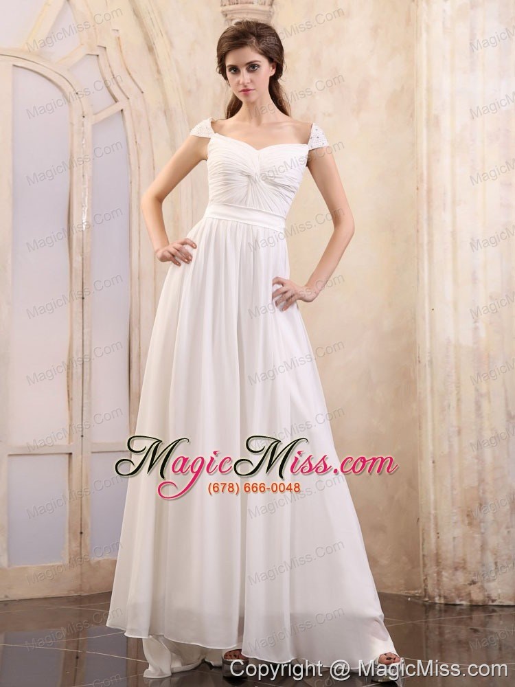 wholesale empire square 2013 wedding dress with cap sleeves and brush train chiffon