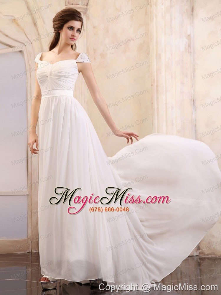 wholesale empire square 2013 wedding dress with cap sleeves and brush train chiffon