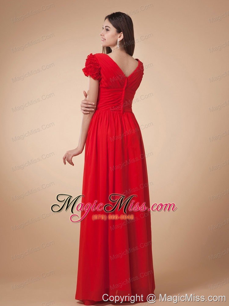 wholesale wine red empire prom dress v-neck short sleeves floor-length chiffon with ruch