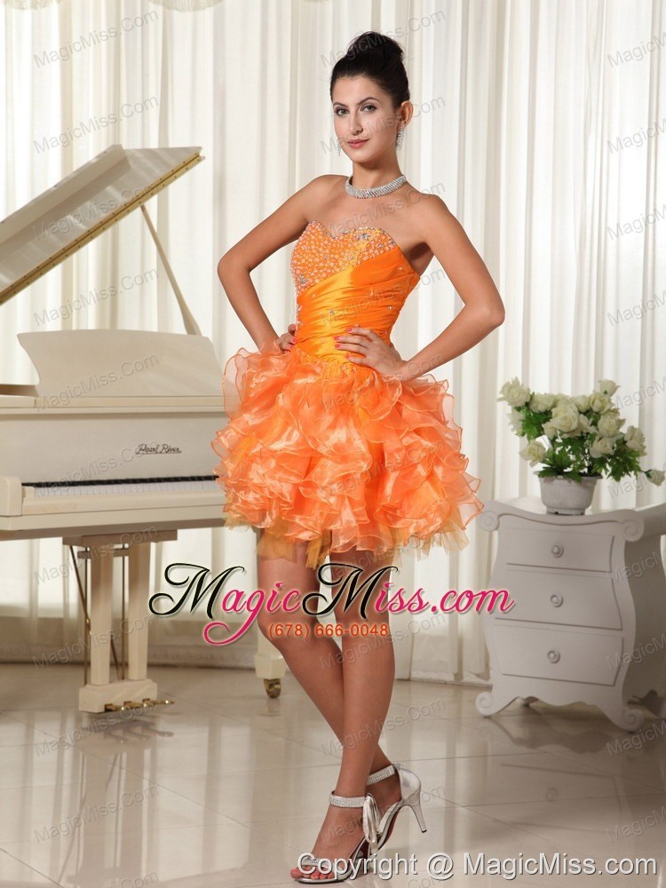 wholesale mini-length sweetheart orange cocktail dress with bust beading and ruffles