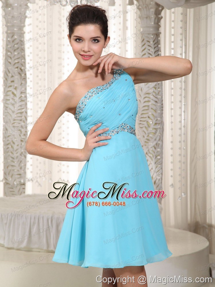 wholesale aqua empire one shoulder mini-length chiffon beading prom dress