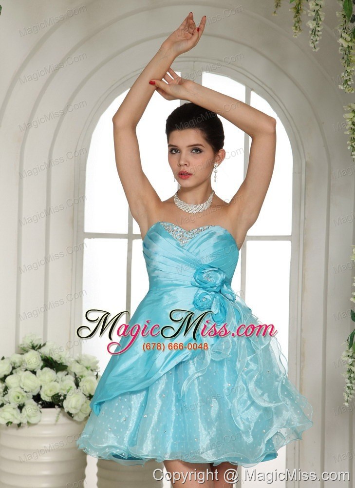 wholesale beaded and hand made flowers for aqua blue cocktail dress mini-length in laurel