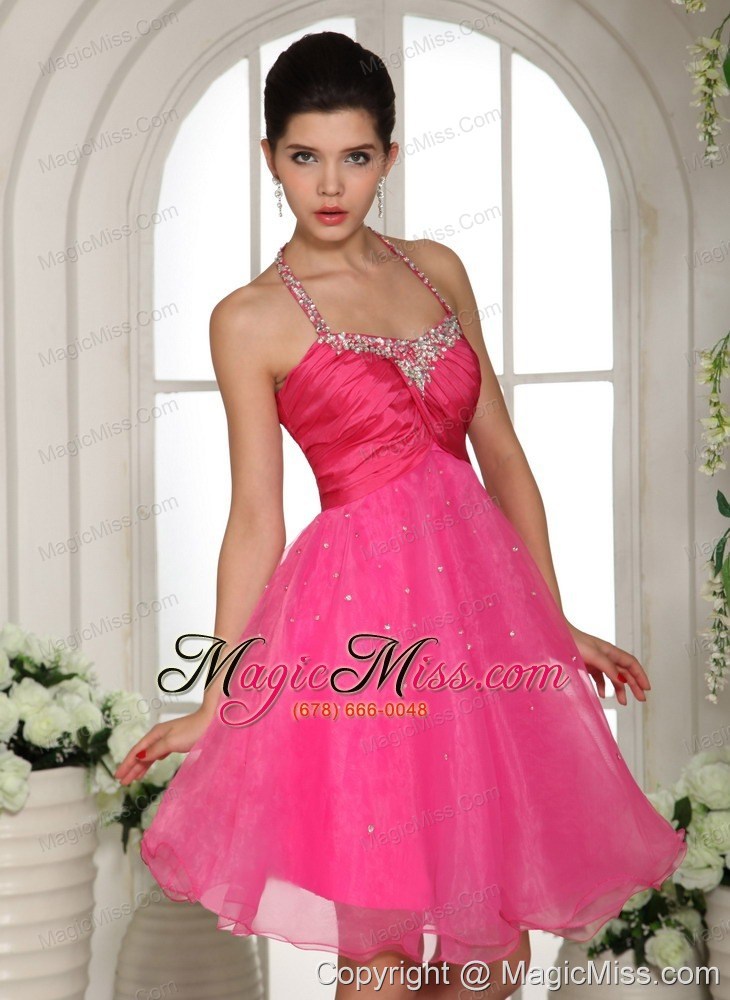 wholesale hot pink beaded spaghetti straps halter prom dress knee-length in houghton
