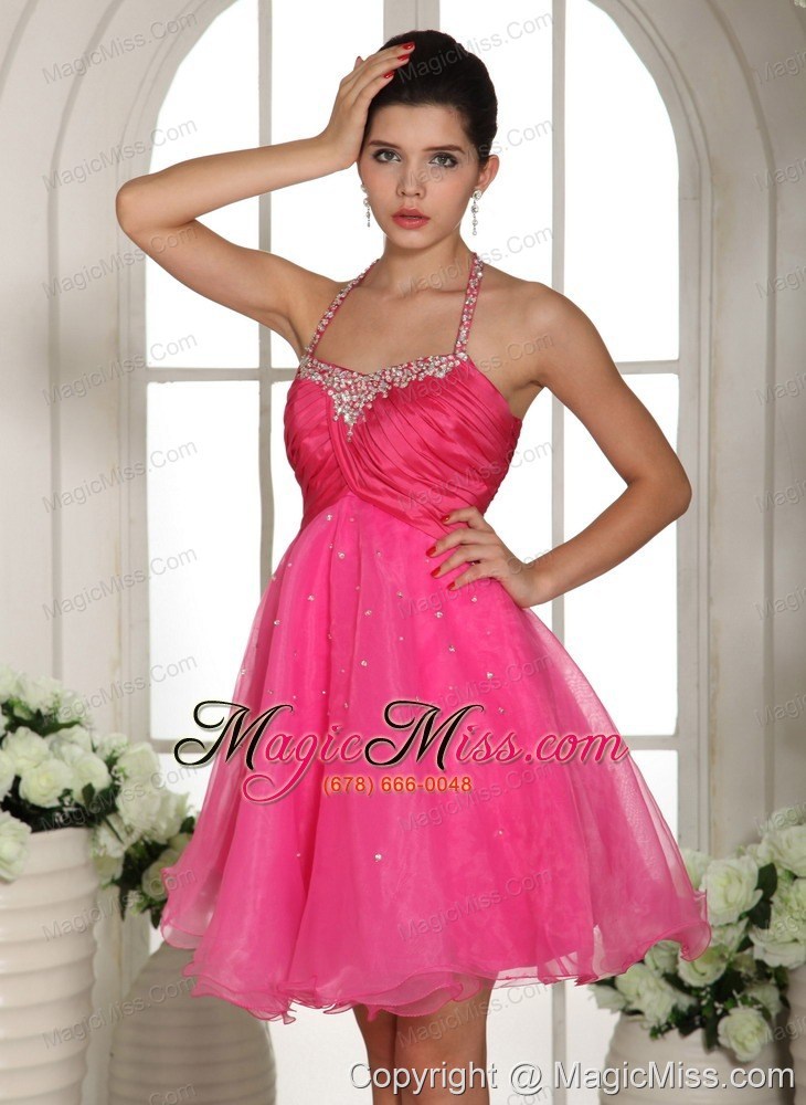 wholesale hot pink beaded spaghetti straps halter prom dress knee-length in houghton