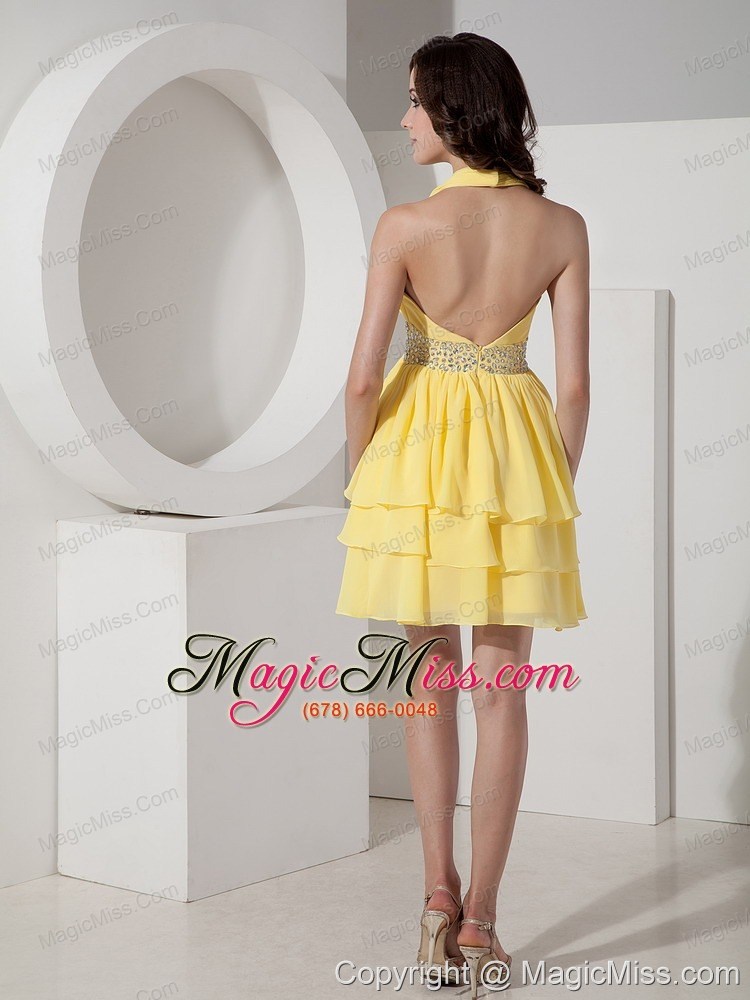 wholesale yellow empire halter mini-lemgth chiffon beading prom dress