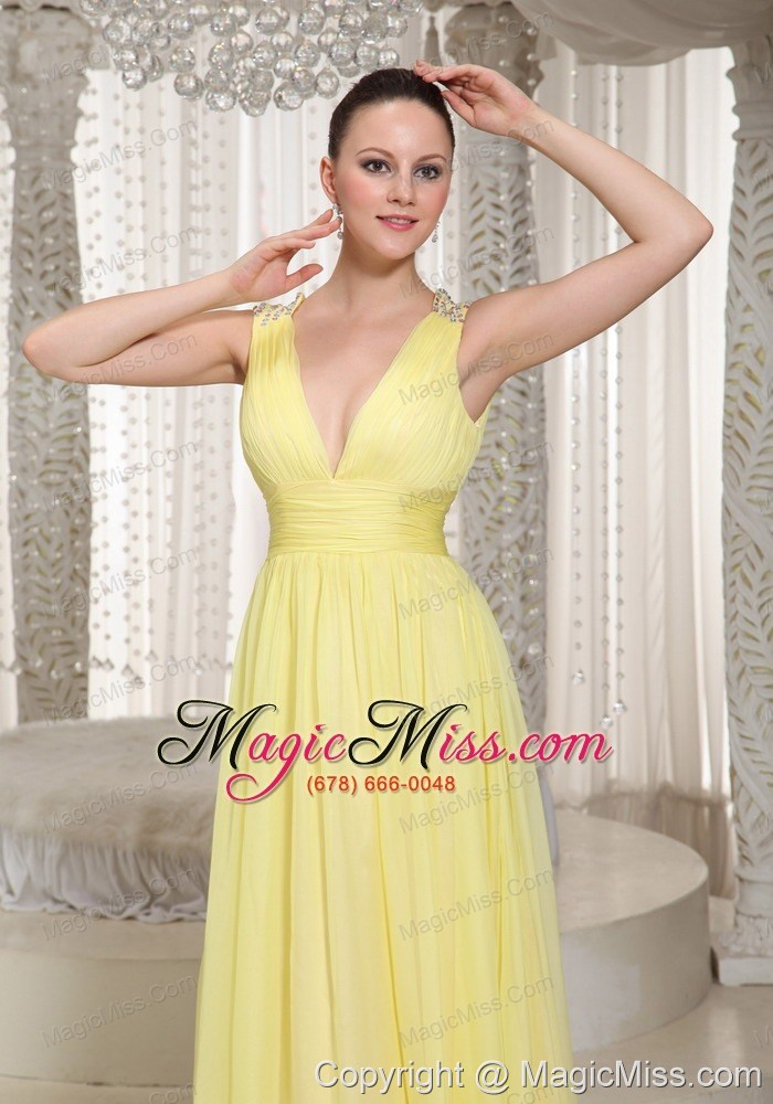 wholesale light yellow v-neck chiffon long prom dress 2013 party style