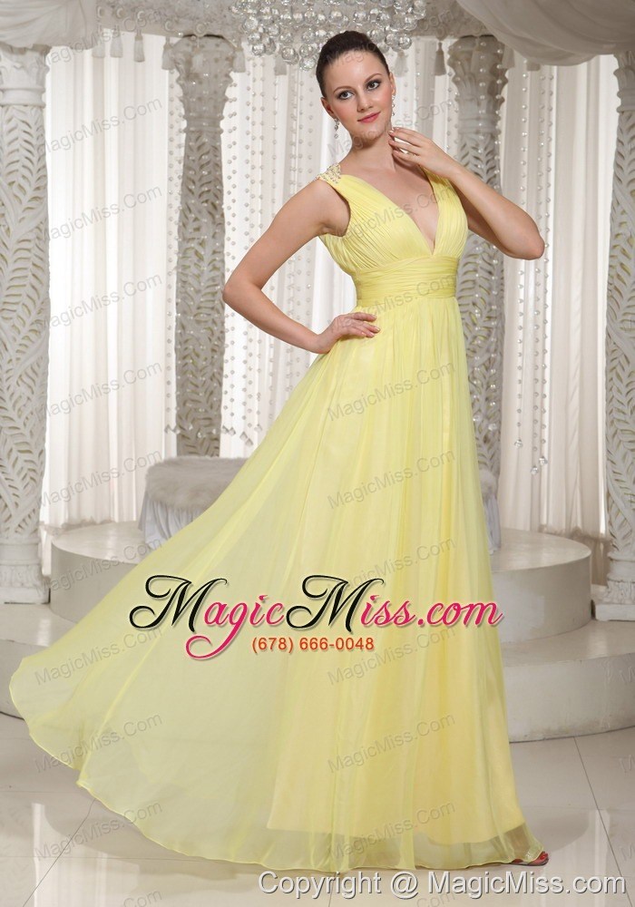 wholesale light yellow v-neck chiffon long prom dress 2013 party style