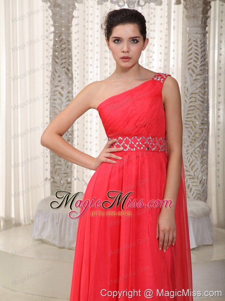wholesale coral red empire one shoulder watteau train chiffon beading prom dress