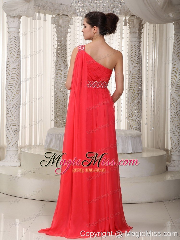 wholesale coral red empire one shoulder watteau train chiffon beading prom dress