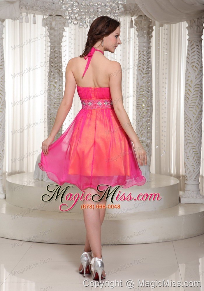 wholesale hot pink halter beaded decorate prom dress for cocktail with chiffon