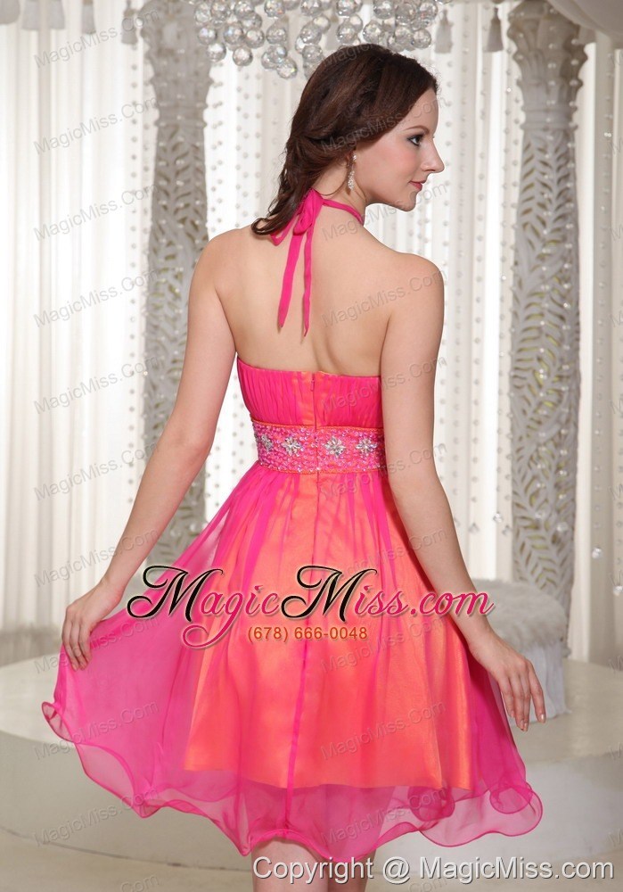 wholesale hot pink halter beaded decorate prom dress for cocktail with chiffon