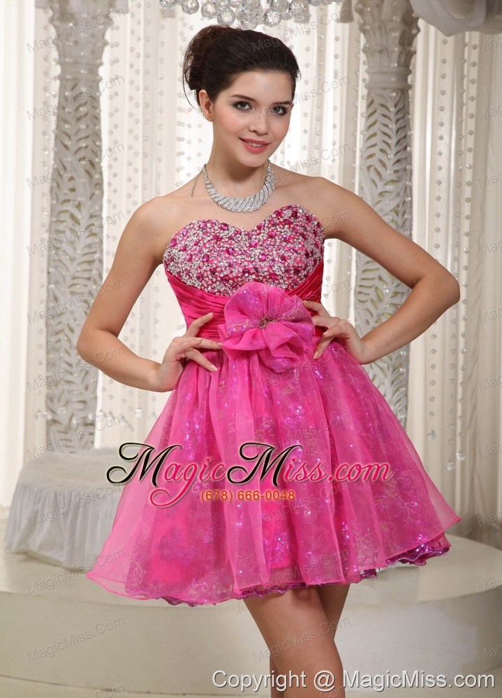wholesale hot pink a-line sweetheart mini-length taffeta and organza beading and hand made flower prom dress