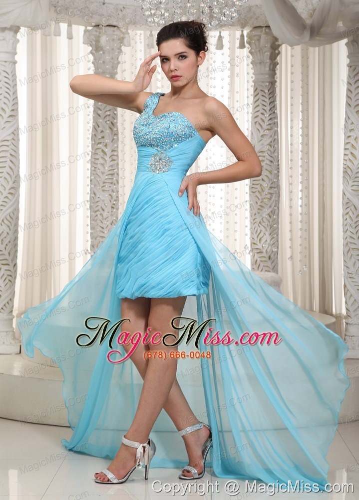 wholesale aqua blue a-line one shoulder high-low taffeta and chiffon beading prom dress