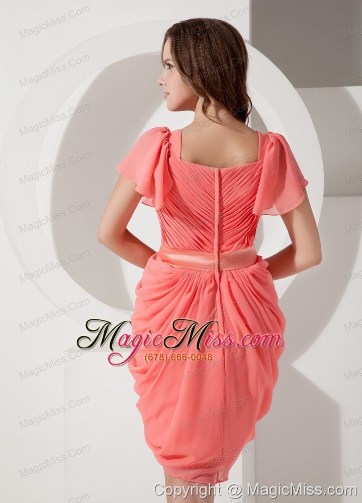 wholesale watermelon column v-neck knee-length chiffon belt prom dress
