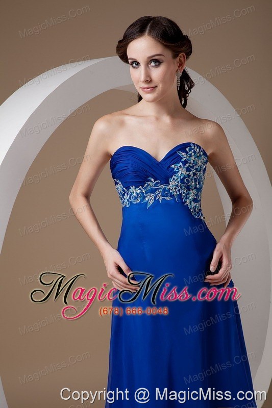wholesale customize royal blue empire evening dress sweetheart chiffon appliques brush train