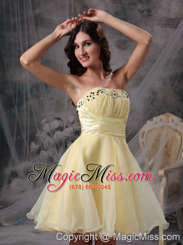 wholesale yellow a-line strapless knee-length beading and ruch orangza prom dress