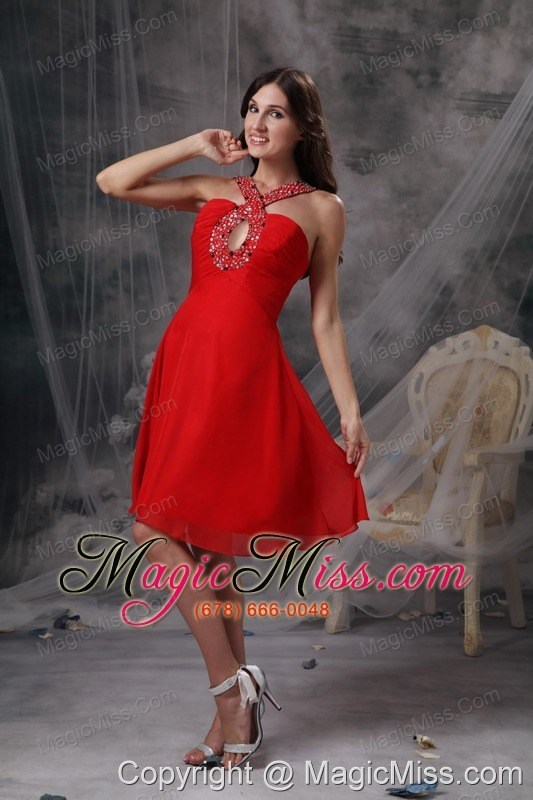 wholesale red empire v-neck knee-length chiffon beading prom dress