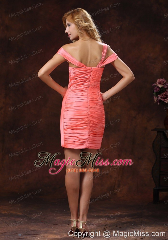 wholesale watermelon asymmetrical neckline and ruched over skirt for 2013 custom made in helena montana