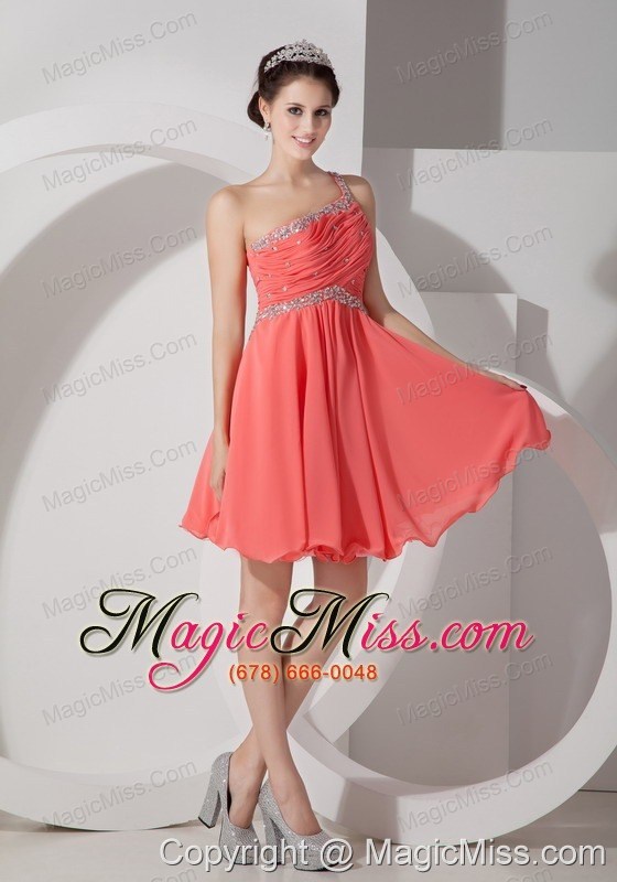 wholesale watermelon empire one shoulder mini-length chiffon beading and ruch prom dress