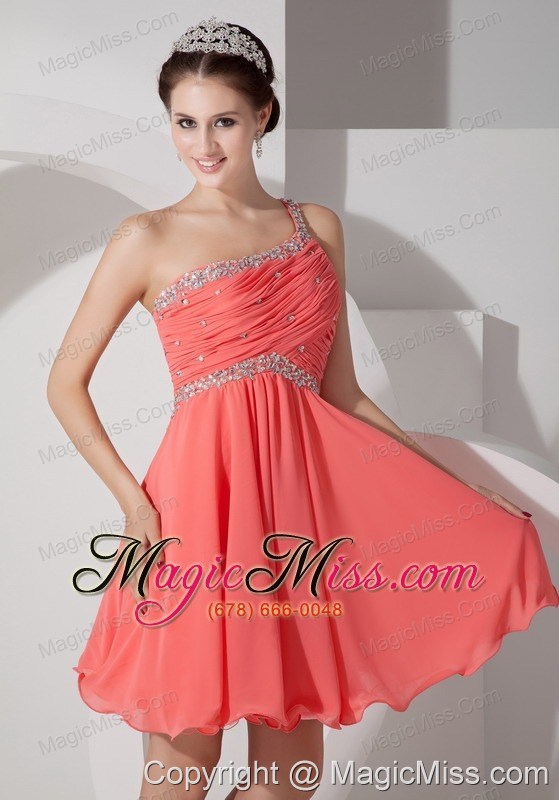 wholesale watermelon empire one shoulder mini-length chiffon beading and ruch prom dress