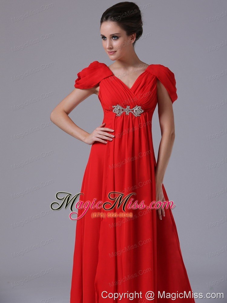 wholesale beading v-neck empire chiffon short sleeves red chiffon prom dress