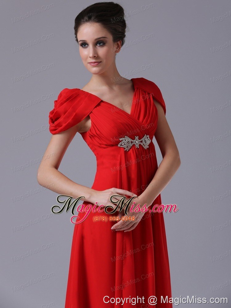 wholesale beading v-neck empire chiffon short sleeves red chiffon prom dress