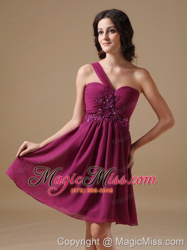 wholesale purple a-line one shoulder mini-length chiffon beading prom dress
