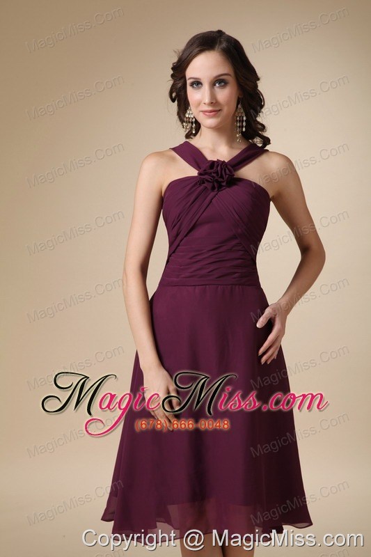 wholesale dark purple a-line v-neck knee-length chiffonhand made flower prom / homecoming dress
