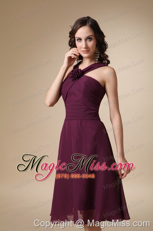 wholesale dark purple a-line v-neck knee-length chiffonhand made flower prom / homecoming dress